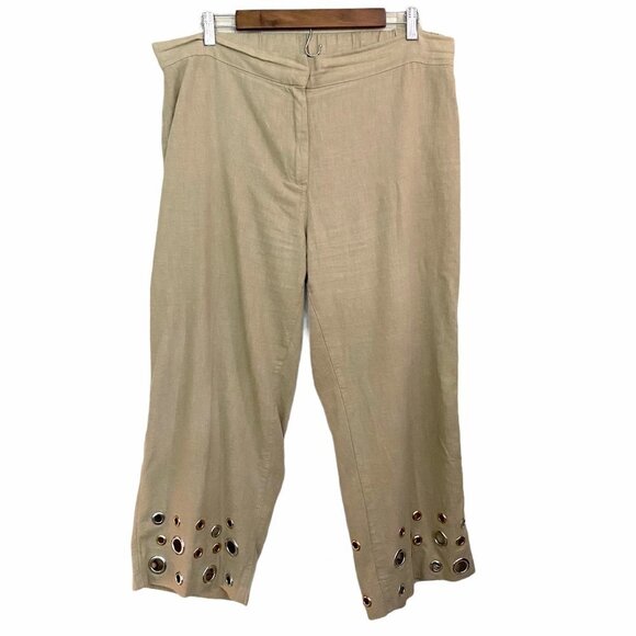Soft Surroundings Farrah Khaki Grommet Ankle Linen Elastic Waist Pants Large - Picture 2 of 8